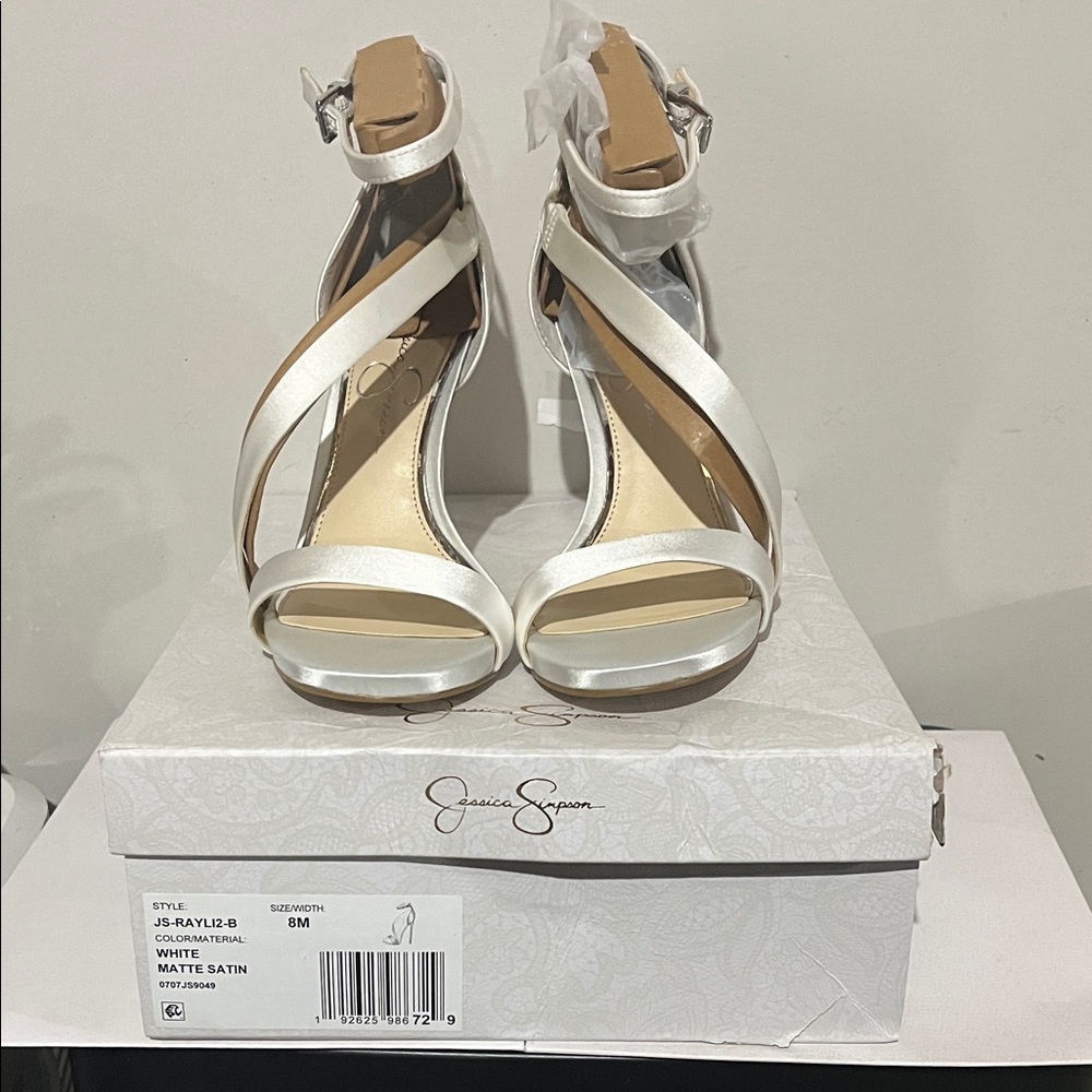Jessica Simpson Rayli Matte Satin White Crisscross Ankle-Strap Heels